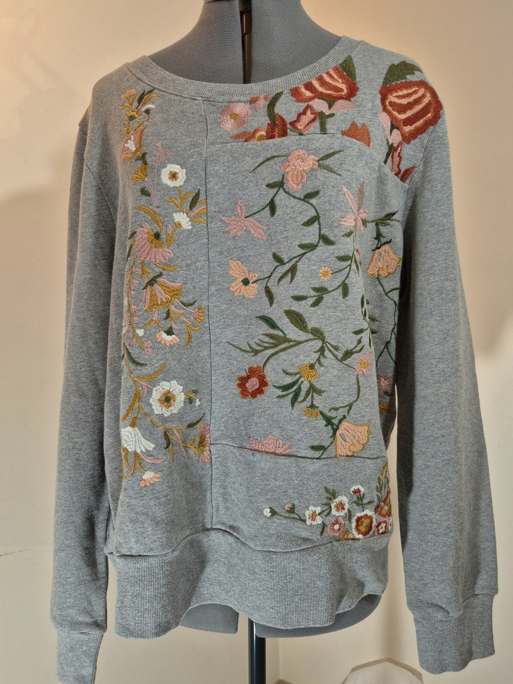 Embroidered Floral Grey Sweatshirt Top From Anthropologie.